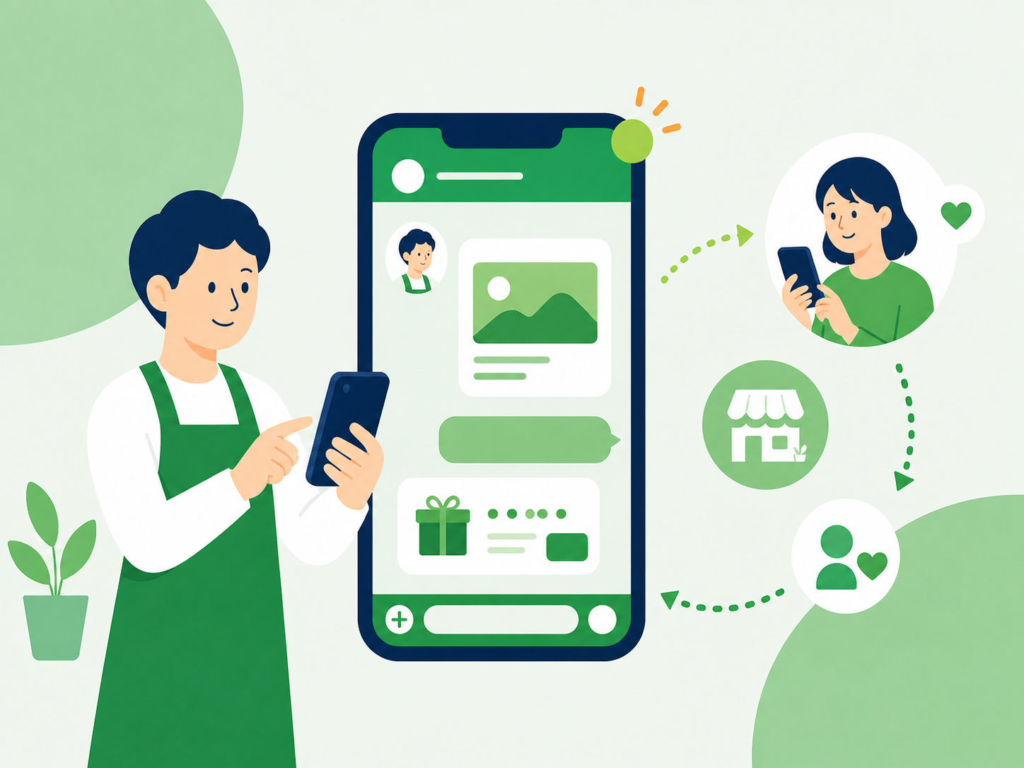 店舗事業者と顧客がスマートフォンのメッセージでつながる様子を表したフラットイラスト