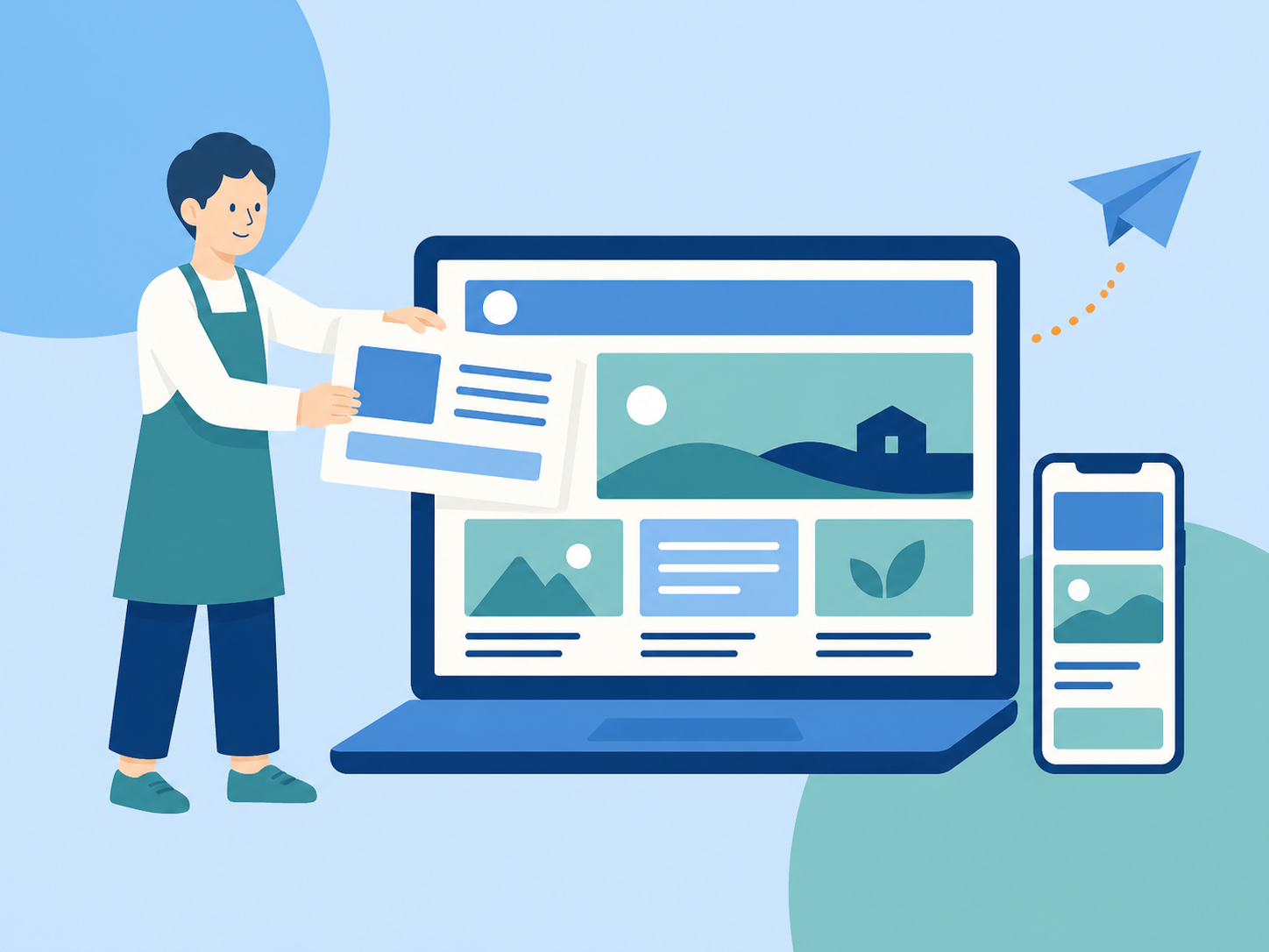 店舗事業者がパソコンとスマートフォン向けのWebサイトを制作するフラットイラスト